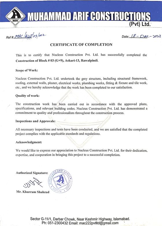 Completion certificate, POF Wah Cantt B-Type houses